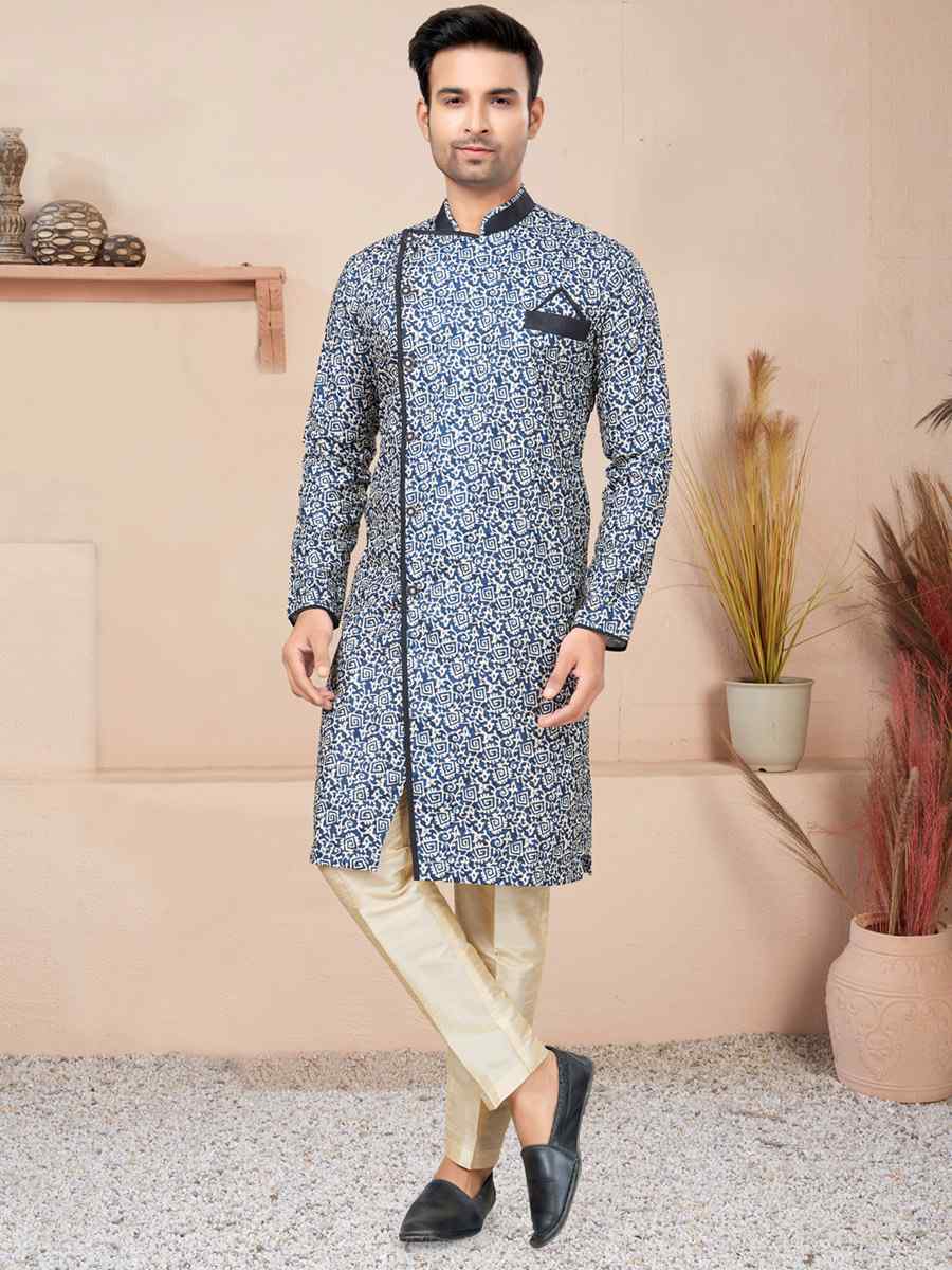 Blue Cotton Printed Wedding Festival Sherwani