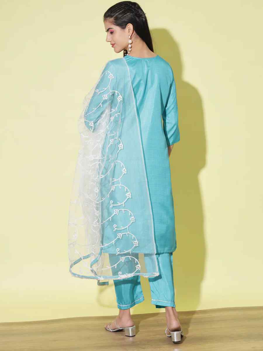 Blue Cotton Silk Blend Embroidered Festival Casual Ready Pant Salwar Kameez