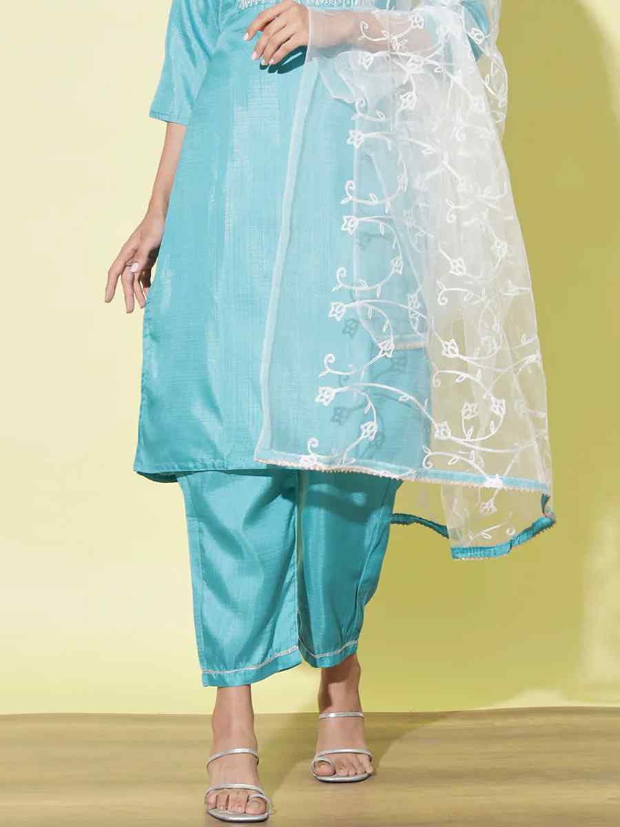 Blue Cotton Silk Blend Embroidered Festival Casual Ready Pant Salwar Kameez