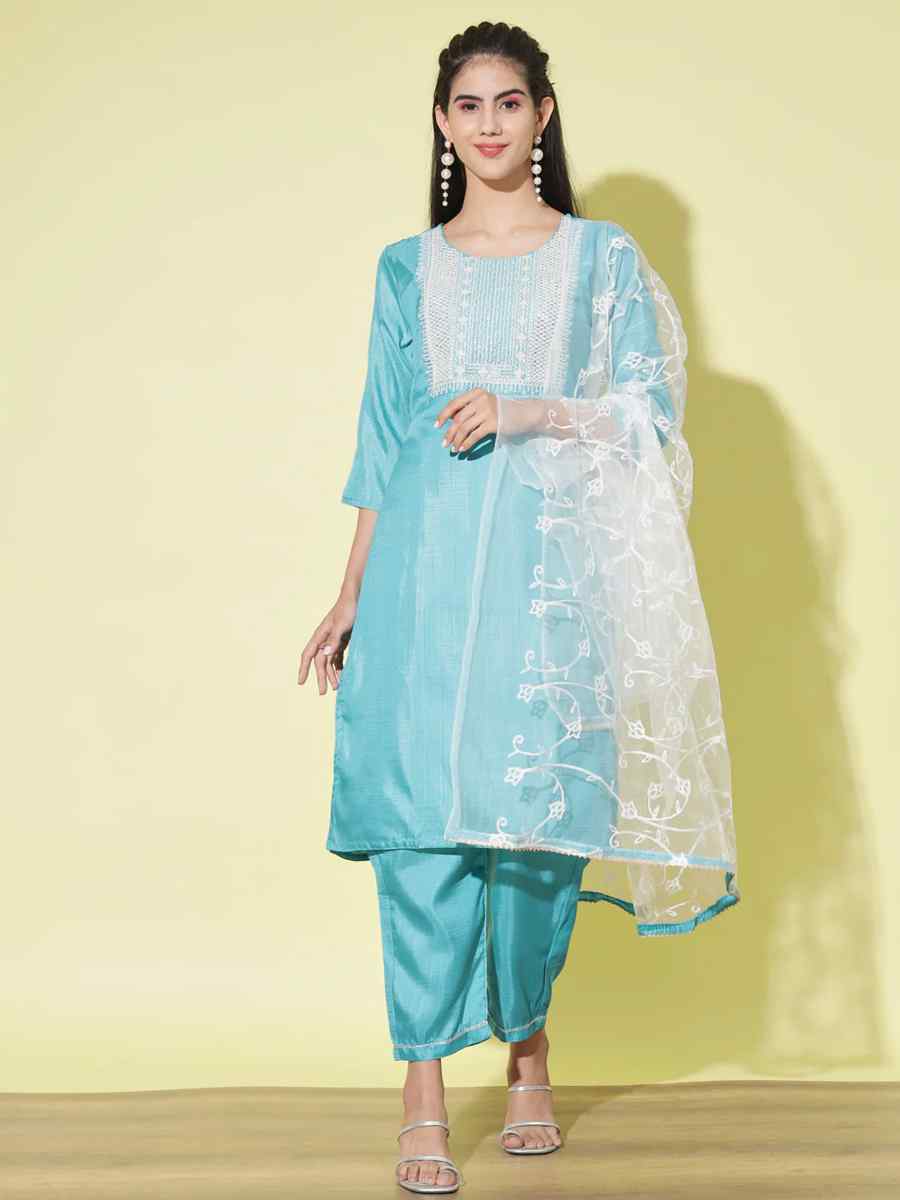 Blue Cotton Silk Blend Embroidered Festival Casual Ready Pant Salwar Kameez