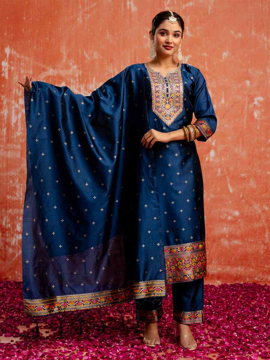 Blue Cotton Silk Blend Embroidered Festival Casual Ready Pant Salwar Kameez