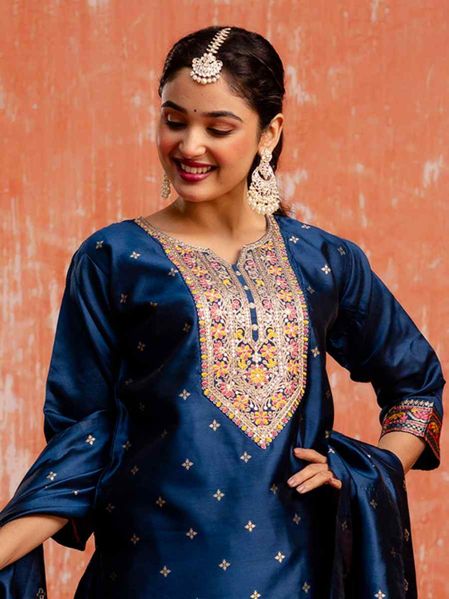 Blue Cotton Silk Blend Embroidered Festival Casual Ready Pant Salwar Kameez