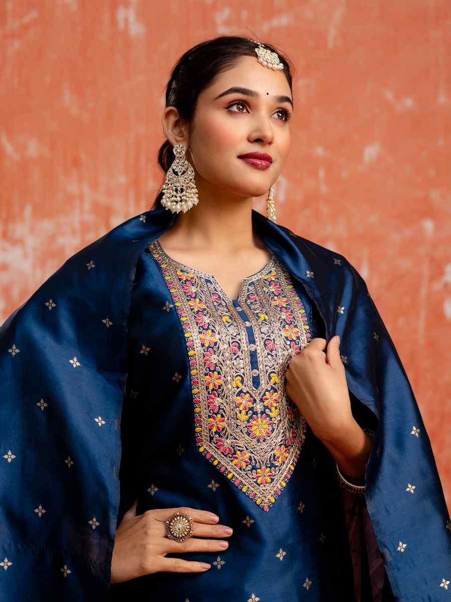 Blue Cotton Silk Blend Embroidered Festival Casual Ready Pant Salwar Kameez