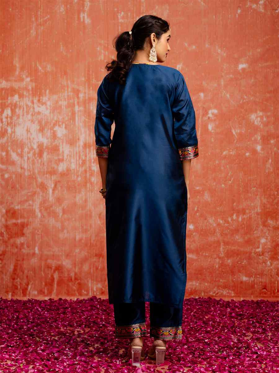 Blue Cotton Silk Blend Embroidered Festival Casual Ready Pant Salwar Kameez