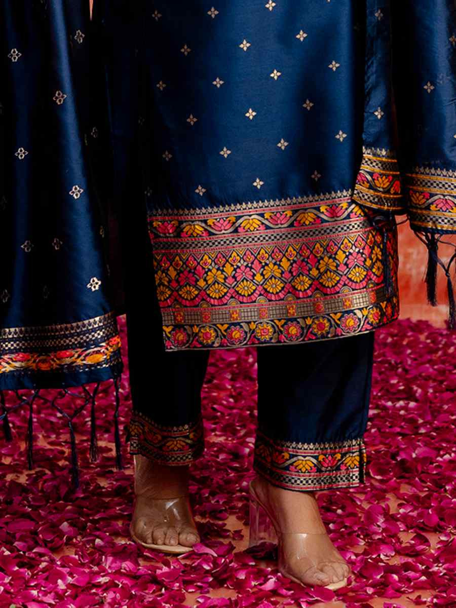 Blue Cotton Silk Blend Embroidered Festival Casual Ready Pant Salwar Kameez