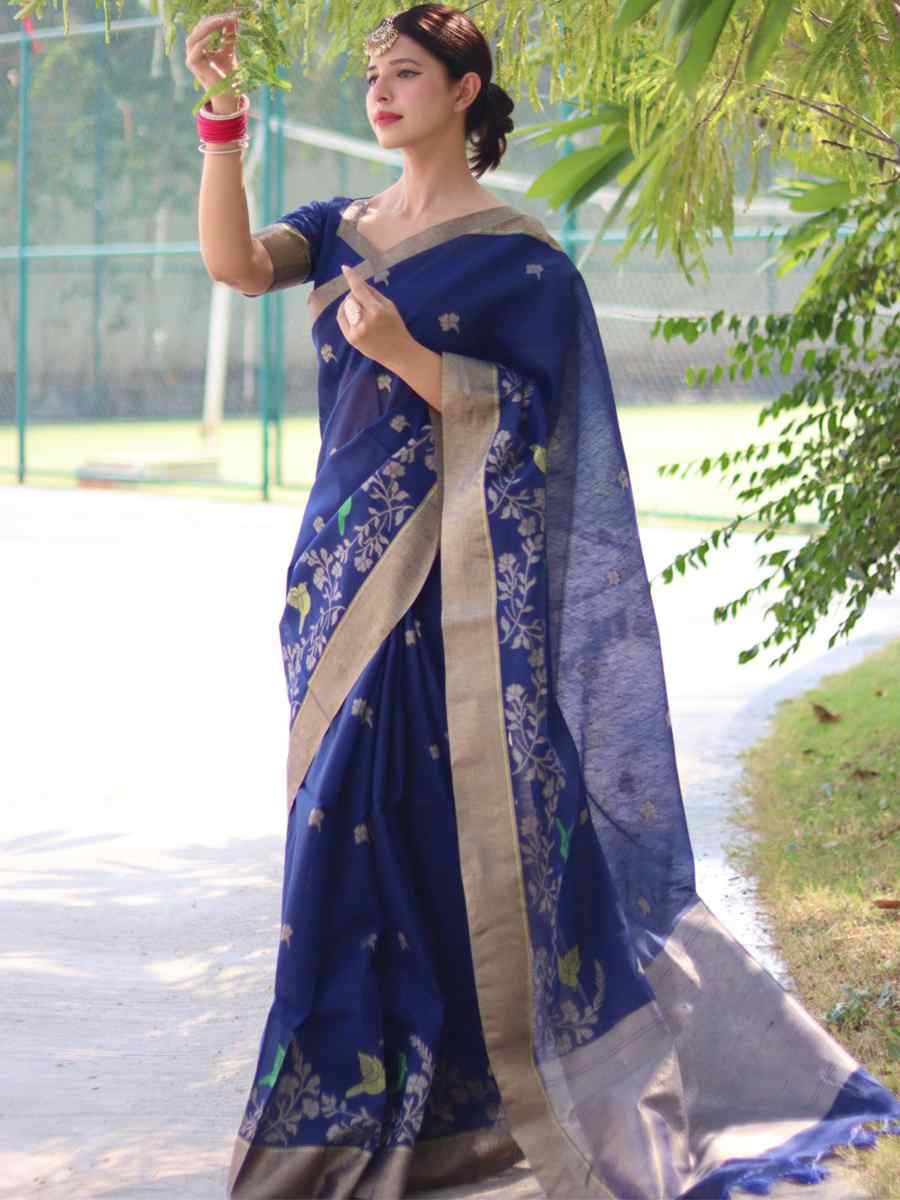 Blue Cotton Silk Handwoven Casual Festival Classic Style Saree