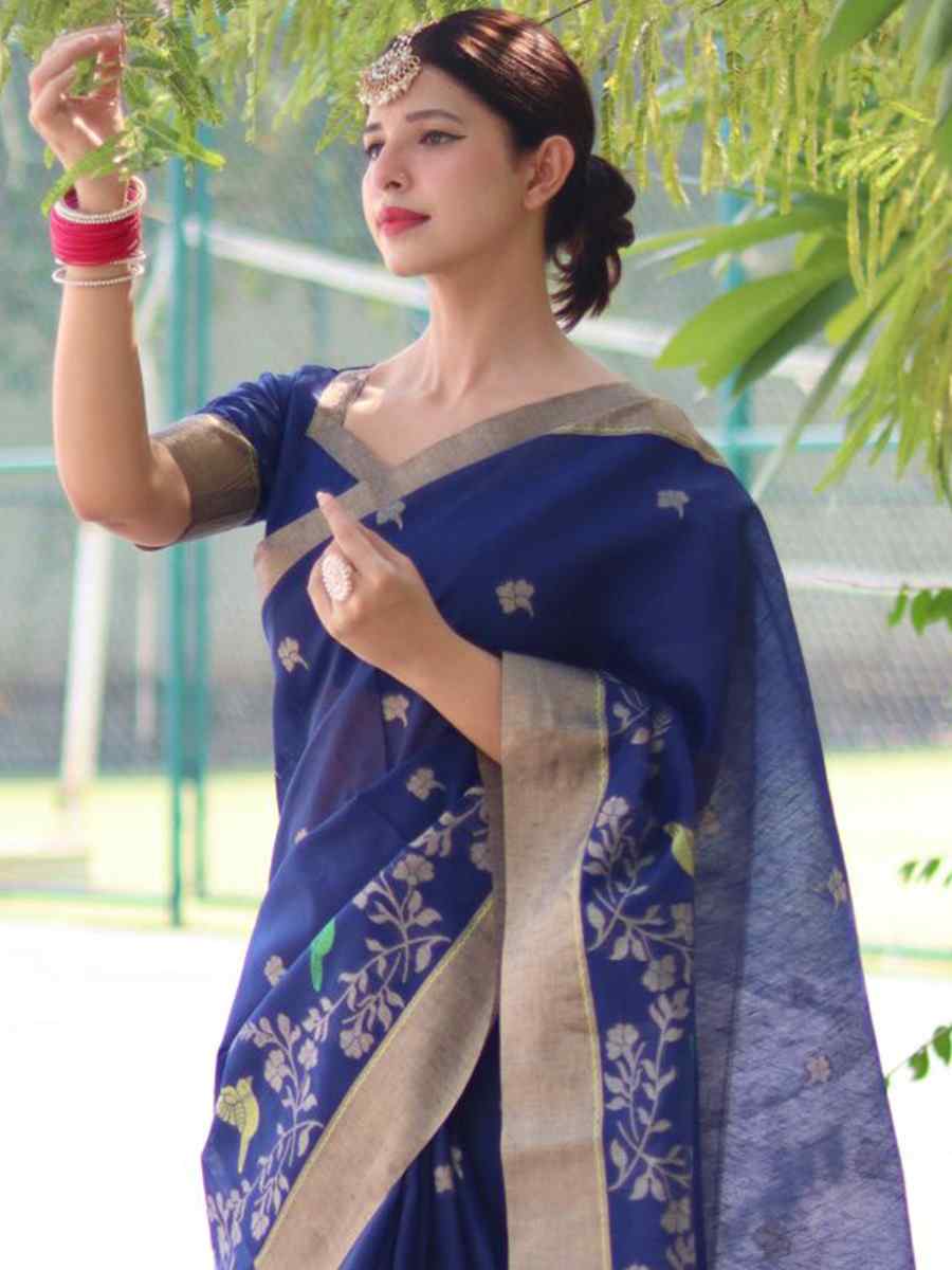 Blue Cotton Silk Handwoven Casual Festival Classic Style Saree