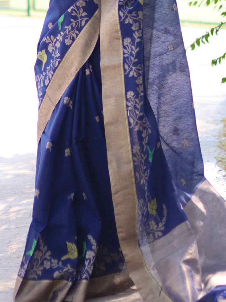Blue Cotton Silk Handwoven Casual Festival Classic Style Saree