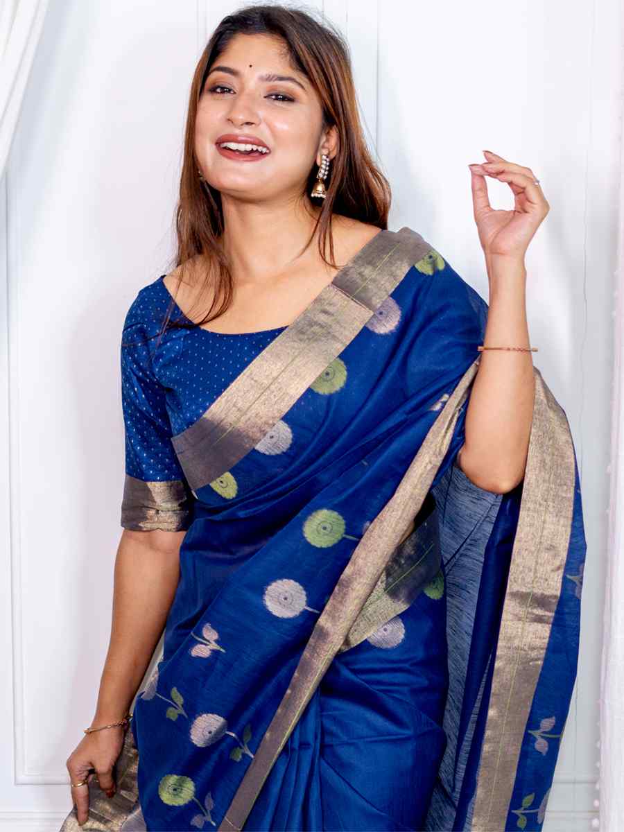 Blue Cotton Silk Handwoven Casual Festival Classic Style Saree