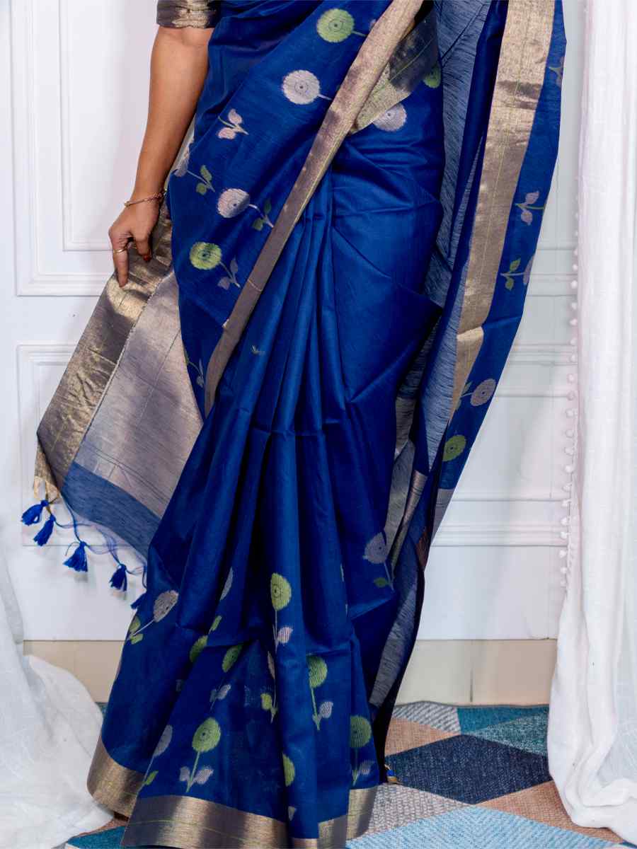 Blue Cotton Silk Handwoven Casual Festival Classic Style Saree