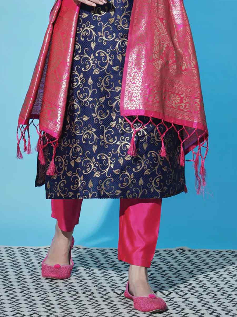 Blue Cotton Silk Handwoven Festival Mehendi Ready Pant Salwar Kameez