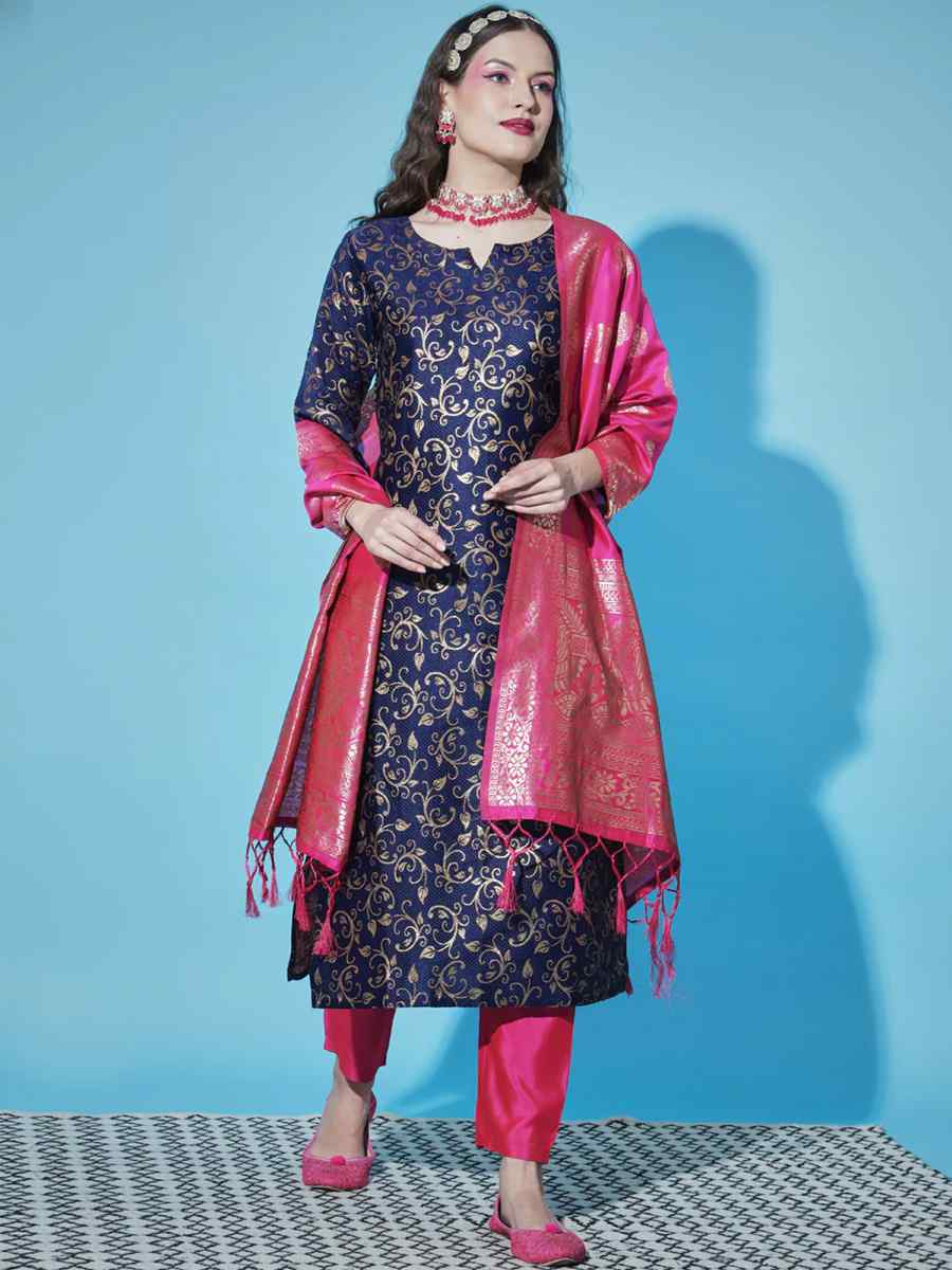 Blue Cotton Silk Handwoven Festival Mehendi Ready Pant Salwar Kameez