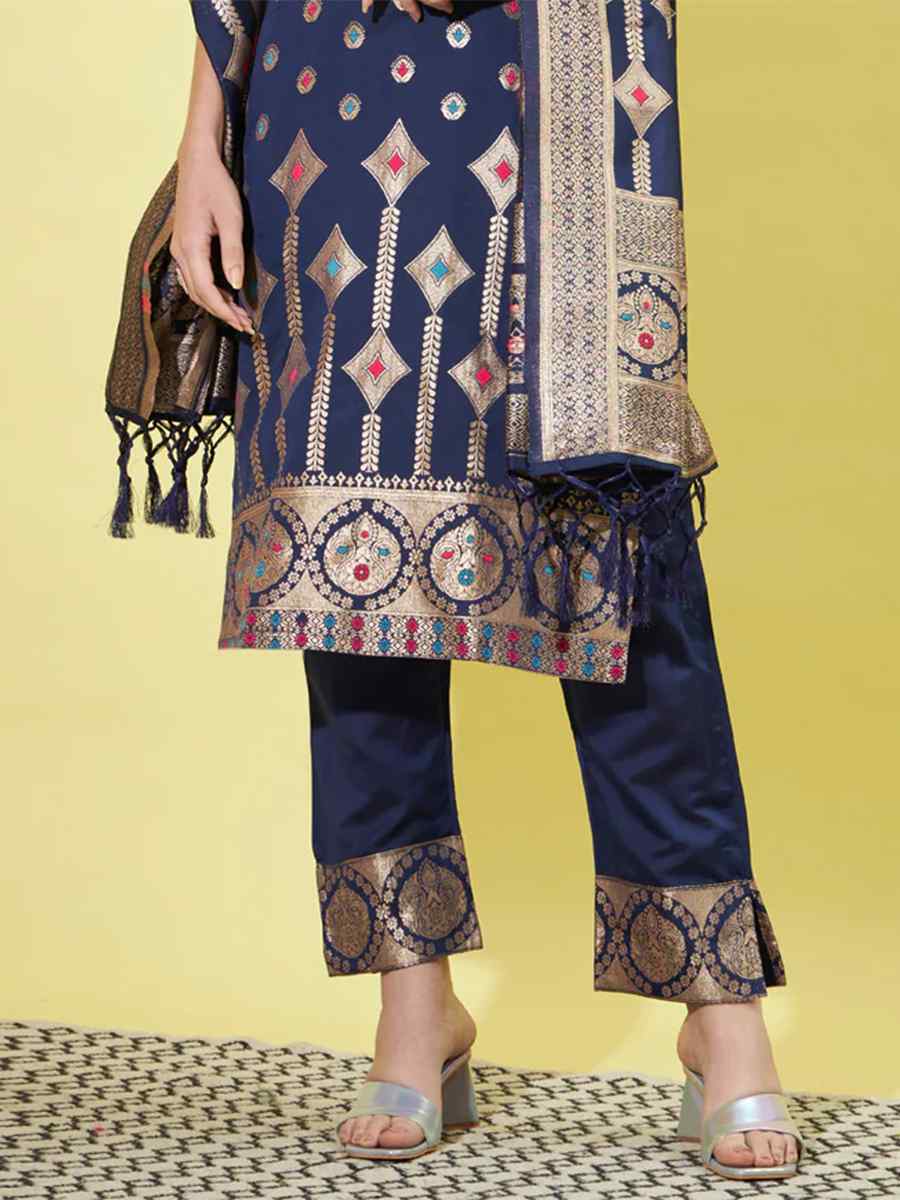 Blue Cotton Silk Jacquard Embroidered Festival Mehendi Ready Pant Salwar Kameez