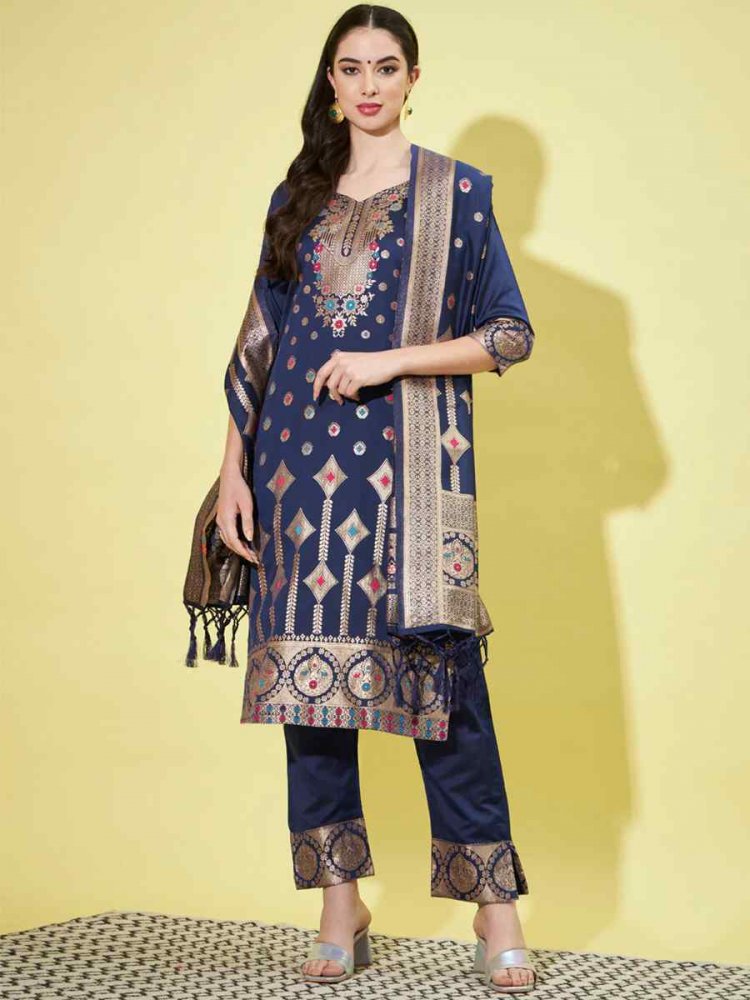 Blue Cotton Silk Jacquard Embroidered Festival Mehendi Ready Pant Salwar Kameez