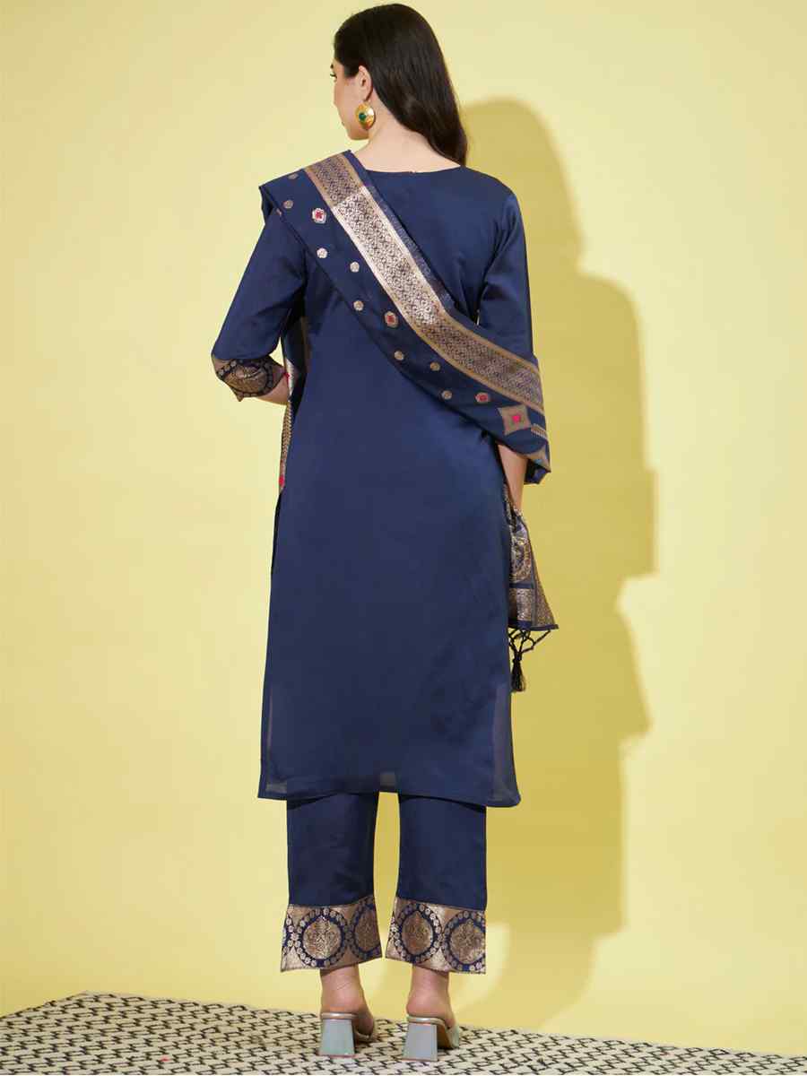 Blue Cotton Silk Jacquard Embroidered Festival Mehendi Ready Pant Salwar Kameez