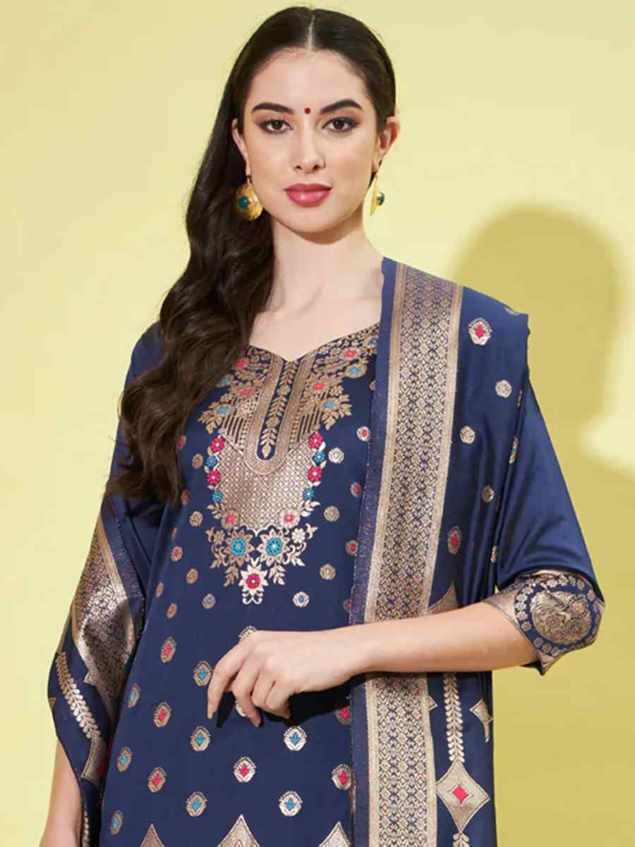 Blue Cotton Silk Jacquard Embroidered Festival Mehendi Ready Pant Salwar Kameez