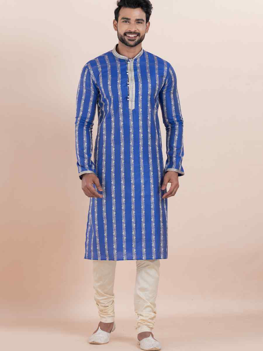 Blue Cotton Silk Jacquard Embroidered Festival Wedding Kurta Pyjama Men039s Wear