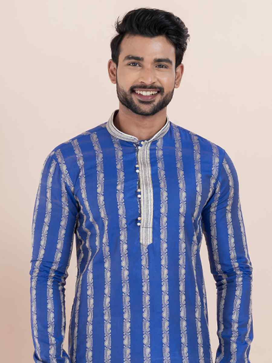 Blue Cotton Silk Jacquard Embroidered Festival Wedding Kurta Pyjama Men039s Wear