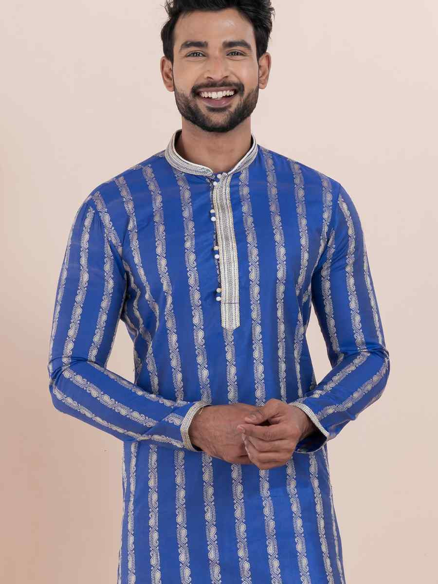 Blue Cotton Silk Jacquard Embroidered Festival Wedding Kurta Pyjama Men039s Wear