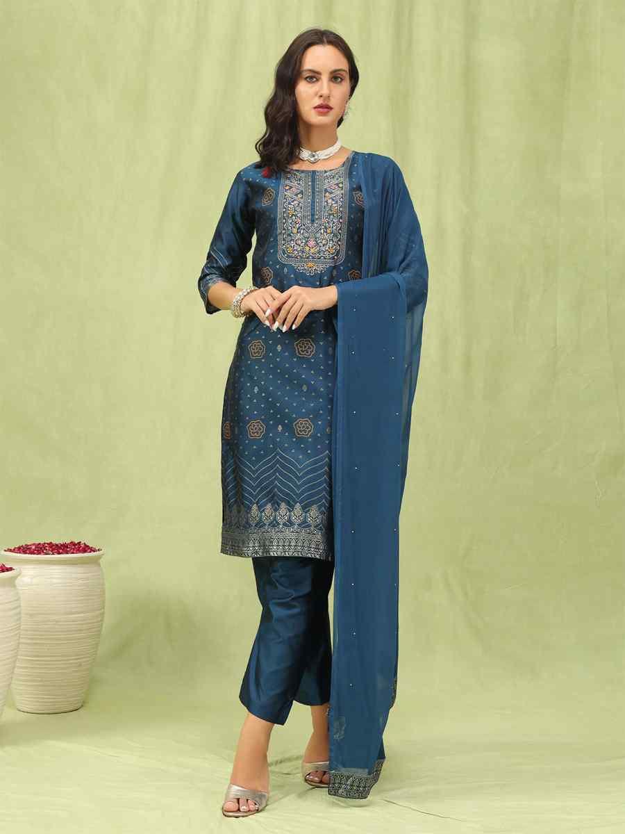 Blue Cotton Silk Jacquard Embroidery Party Wedding Festival Casual Ready Pant Salwar Kameez