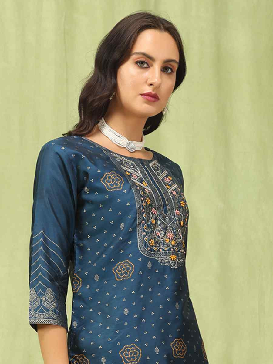 Blue Cotton Silk Jacquard Embroidery Party Wedding Festival Casual Ready Pant Salwar Kameez