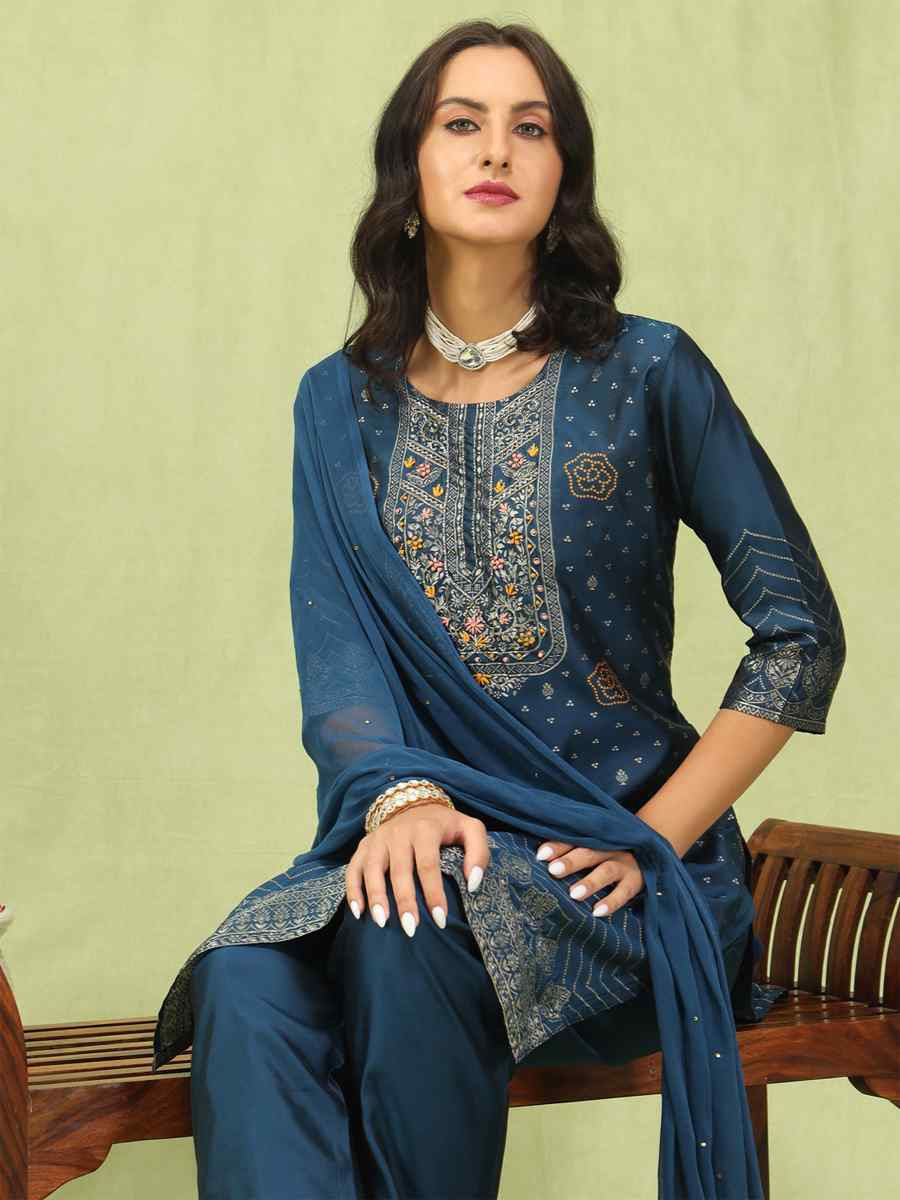 Blue Cotton Silk Jacquard Embroidery Party Wedding Festival Casual Ready Pant Salwar Kameez