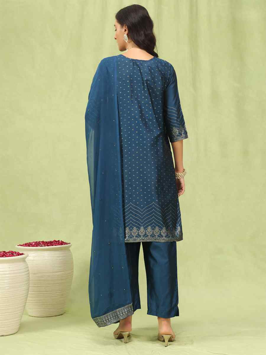 Blue Cotton Silk Jacquard Embroidery Party Wedding Festival Casual Ready Pant Salwar Kameez