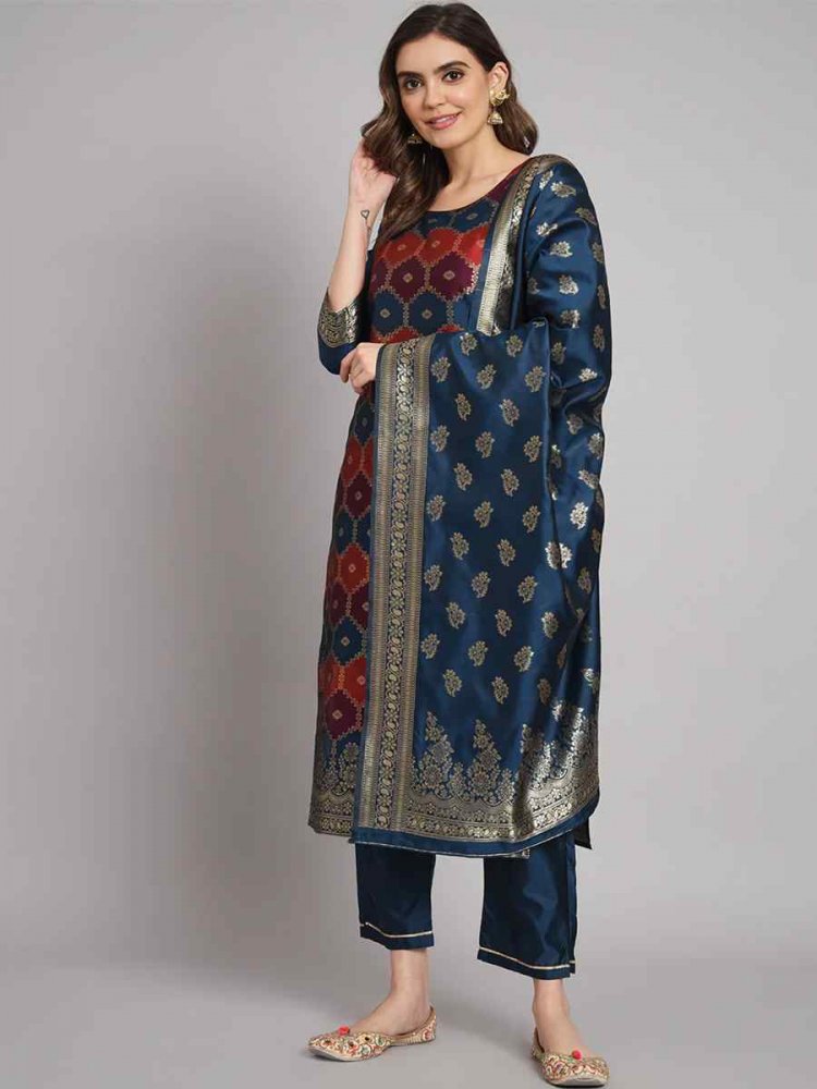 Blue Cotton Silk Jacquard Handwoven Festival Mehendi Ready Pant Salwar Kameez