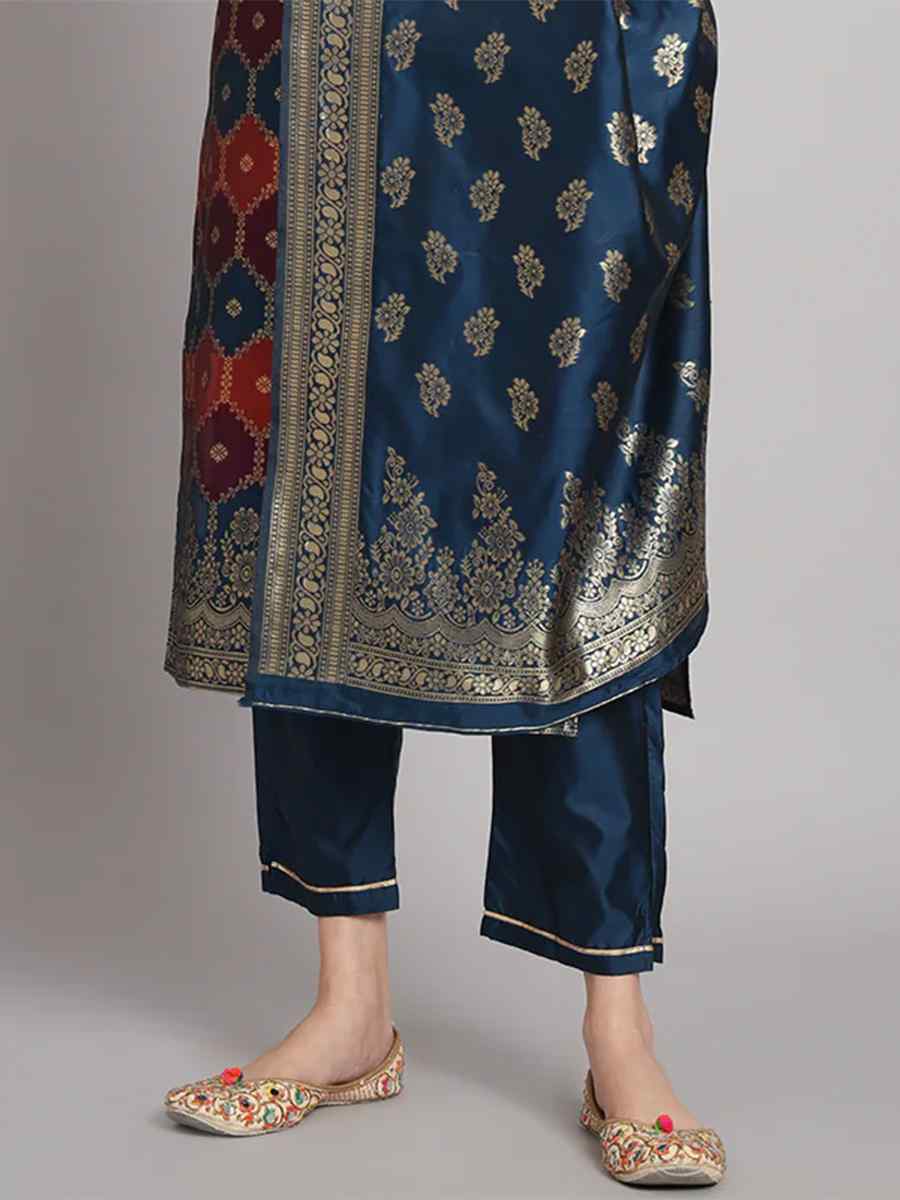 Blue Cotton Silk Jacquard Handwoven Festival Mehendi Ready Pant Salwar Kameez