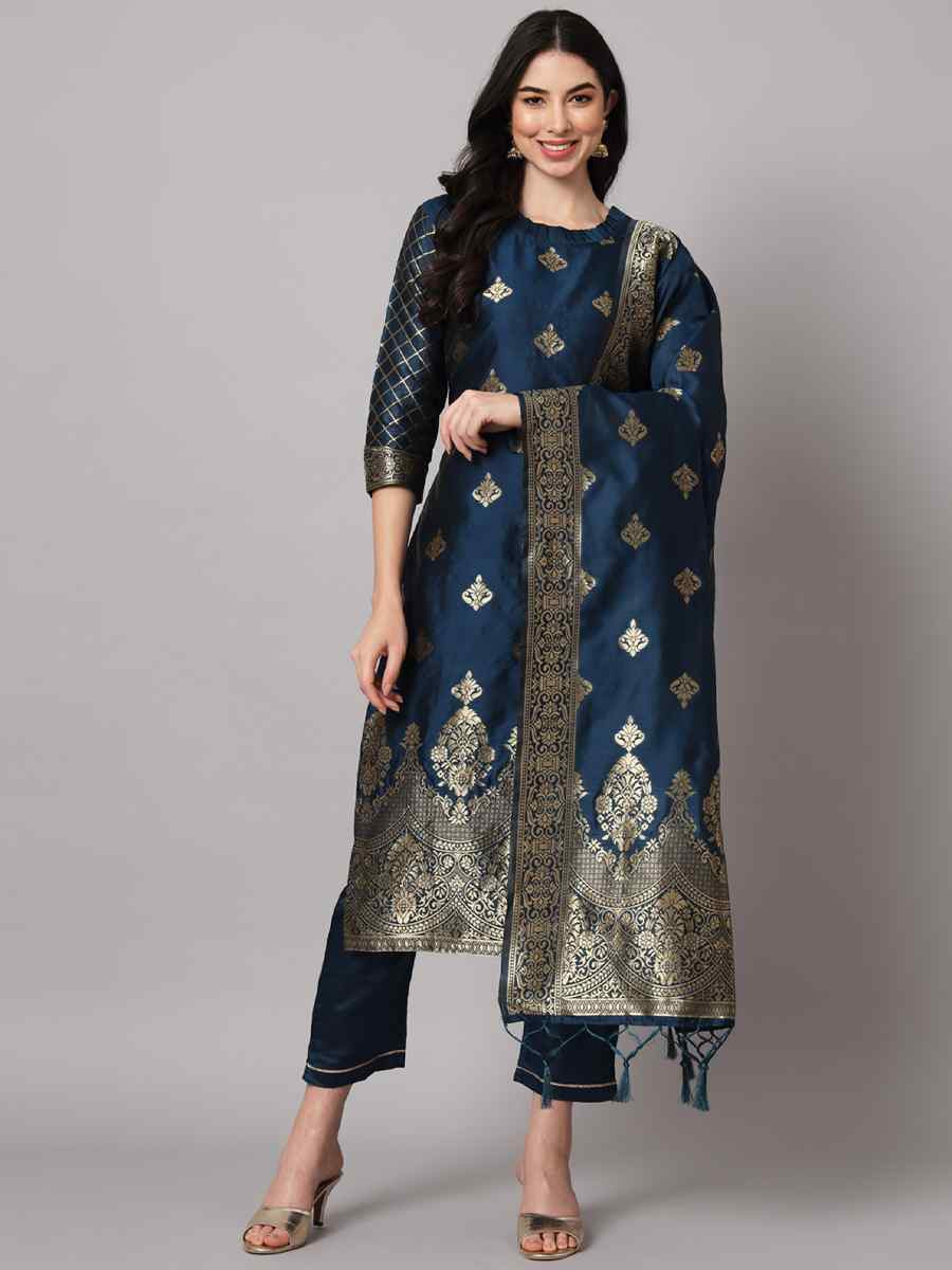 Blue Cotton Silk Jacquard Handwoven Party Wedding Festival Casual Ready Pant Salwar Kameez