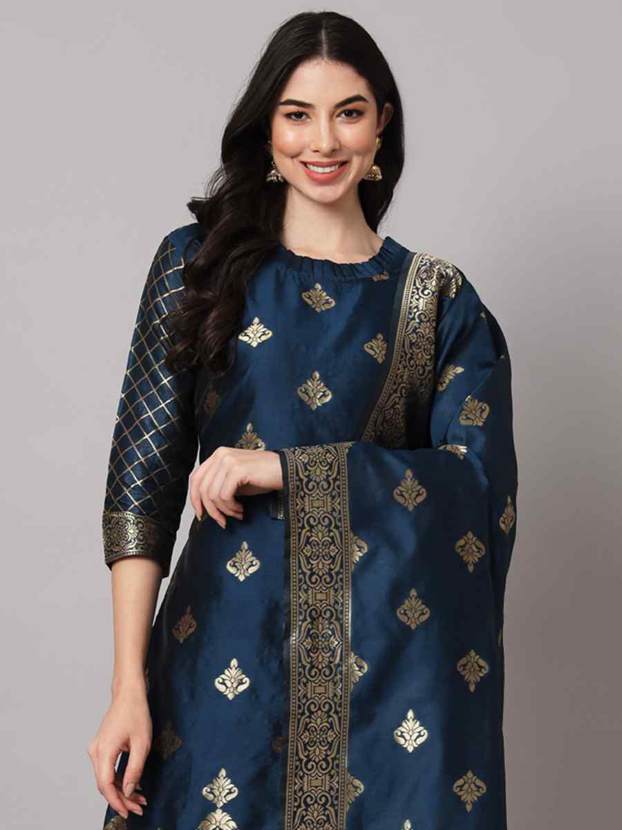 Blue Cotton Silk Jacquard Handwoven Party Wedding Festival Casual Ready Pant Salwar Kameez