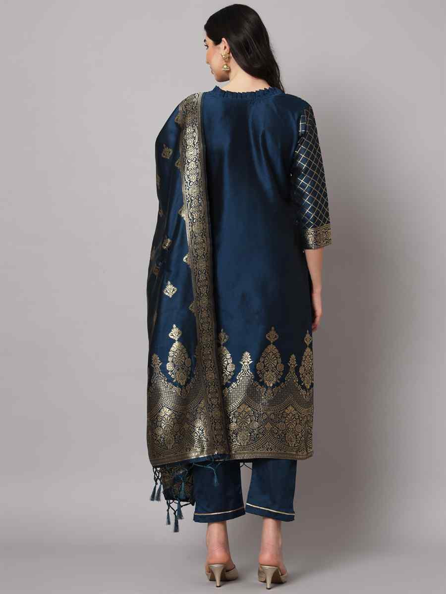 Blue Cotton Silk Jacquard Handwoven Party Wedding Festival Casual Ready Pant Salwar Kameez