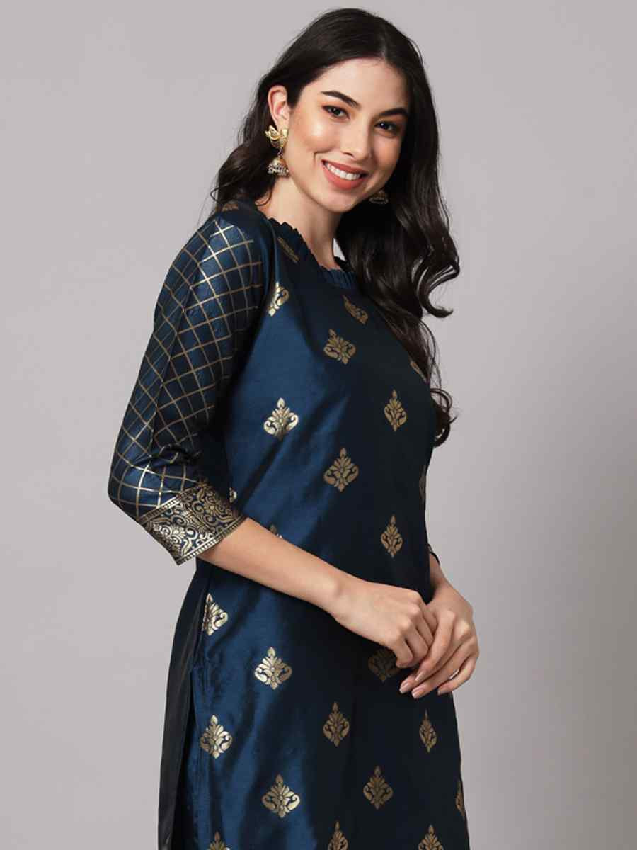 Blue Cotton Silk Jacquard Handwoven Party Wedding Festival Casual Ready Pant Salwar Kameez