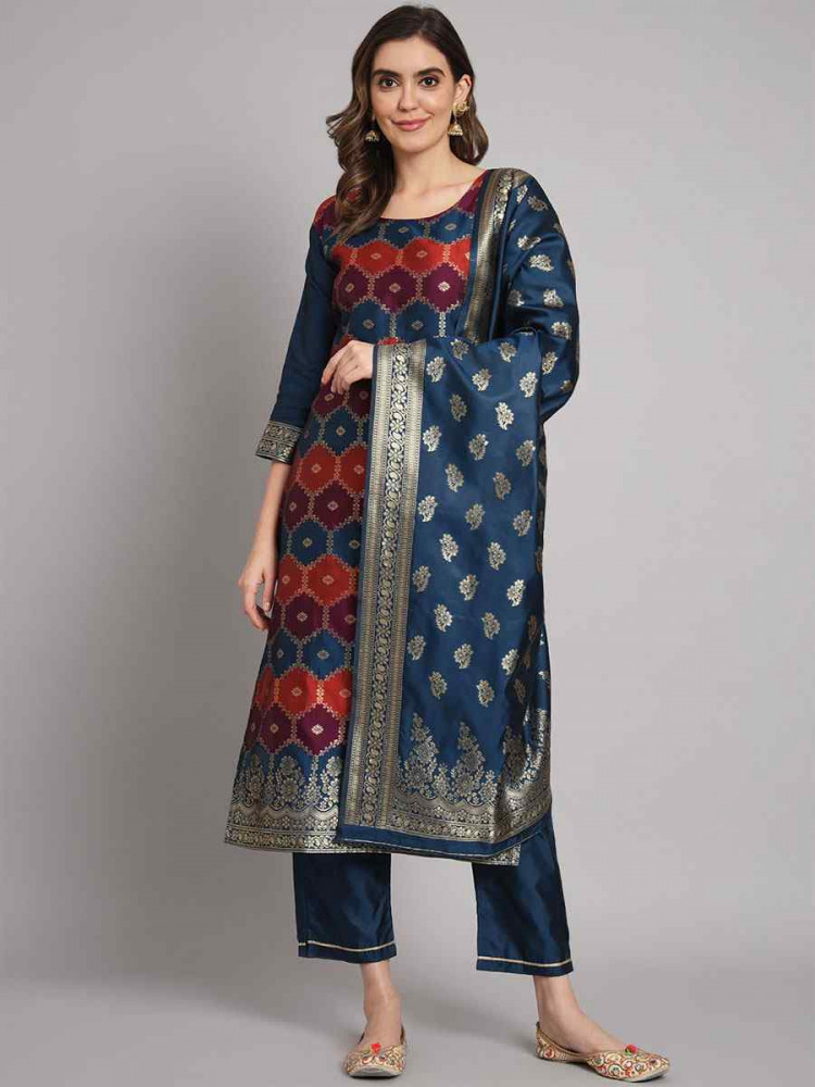 Image of Blue Cotton Silk Jacquard Handwoven Party Wedding Festival Casual Ready Pant Salwar Kameez