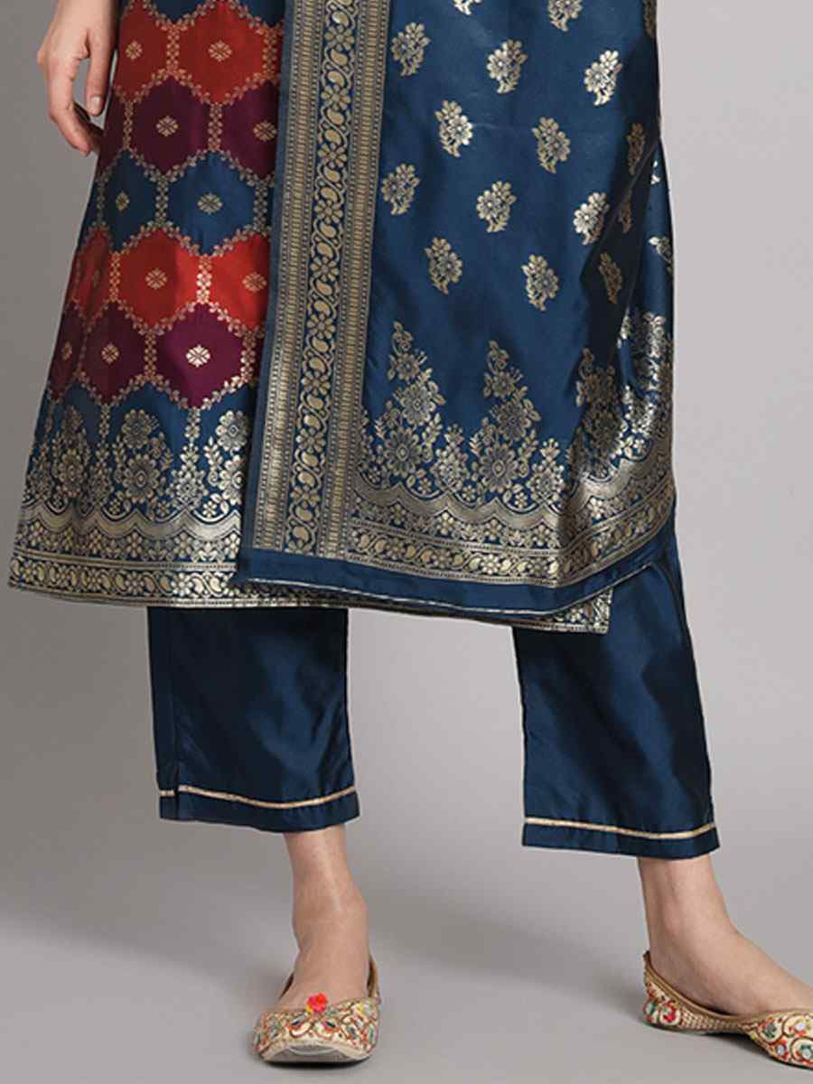 Blue Cotton Silk Jacquard Handwoven Party Wedding Festival Casual Ready Pant Salwar Kameez