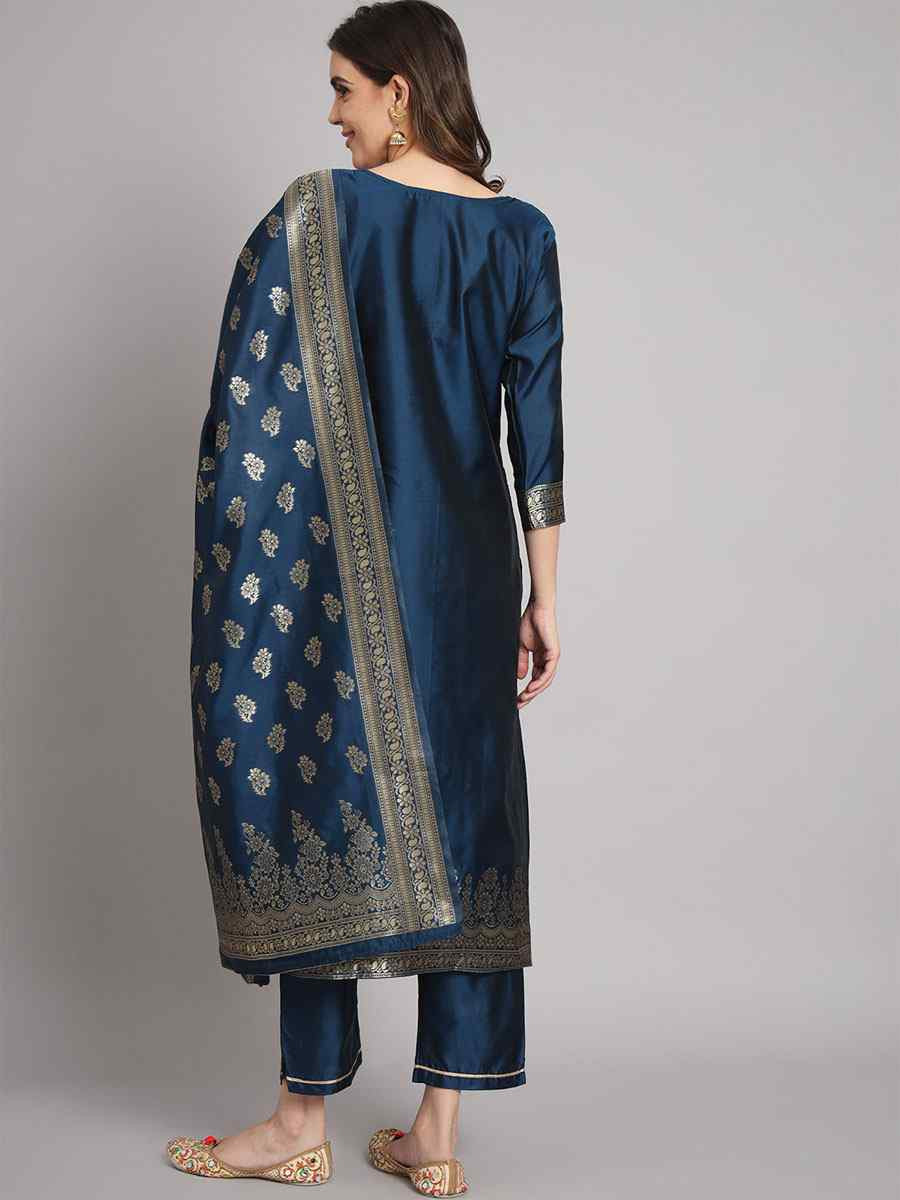 Blue Cotton Silk Jacquard Handwoven Party Wedding Festival Casual Ready Pant Salwar Kameez