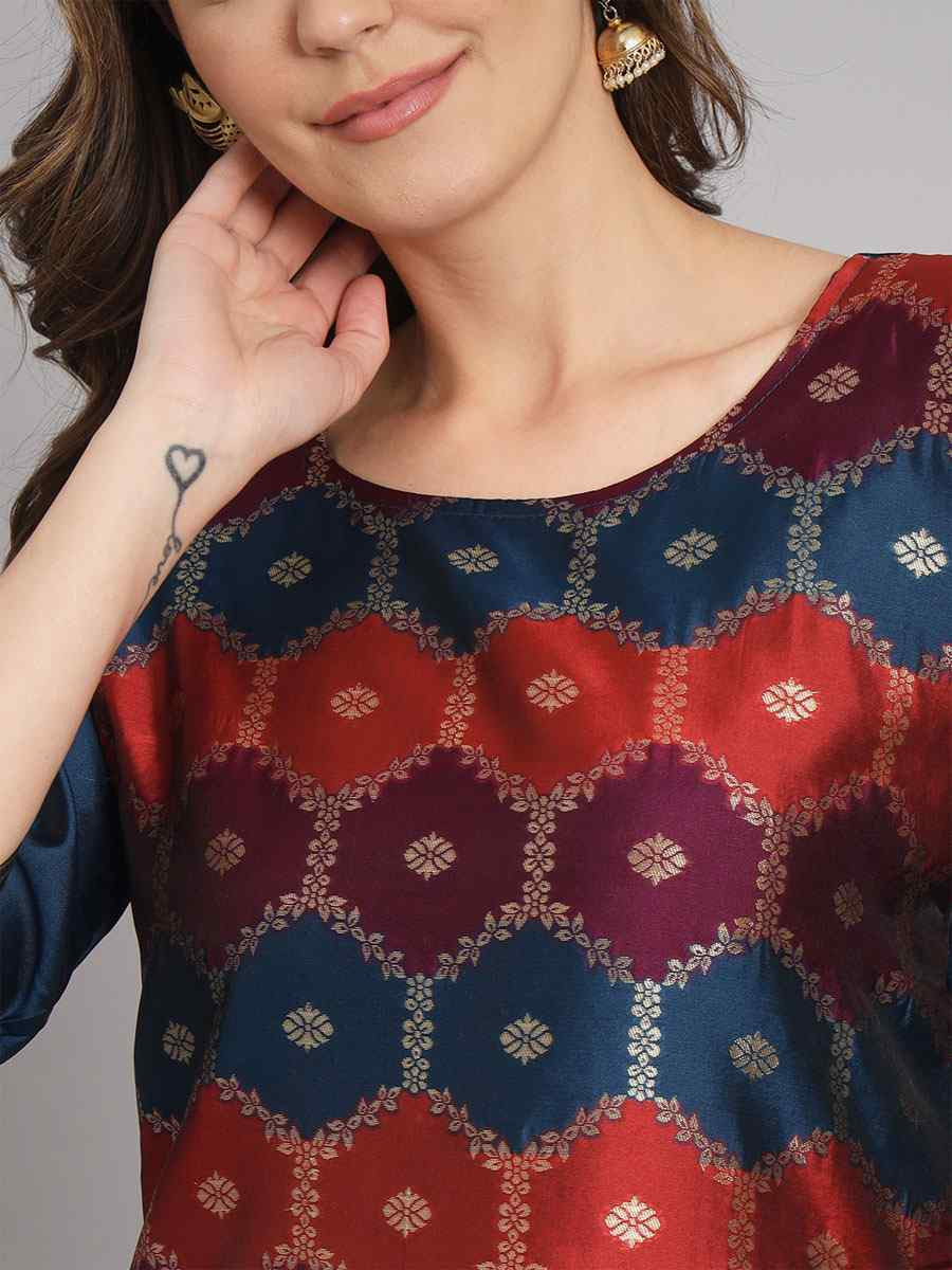 Blue Cotton Silk Jacquard Handwoven Party Wedding Festival Casual Ready Pant Salwar Kameez