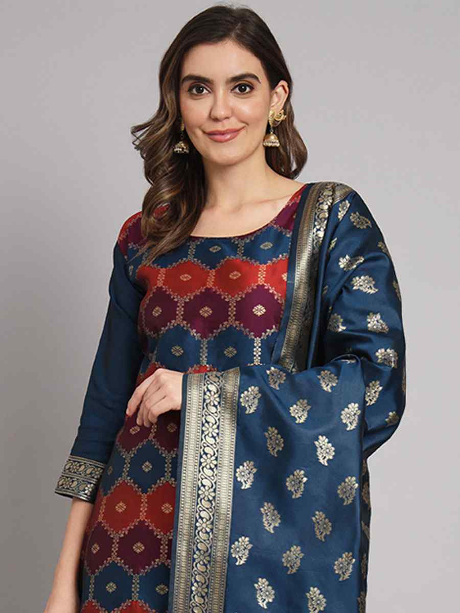 Blue Cotton Silk Jacquard Handwoven Party Wedding Festival Casual Ready Pant Salwar Kameez