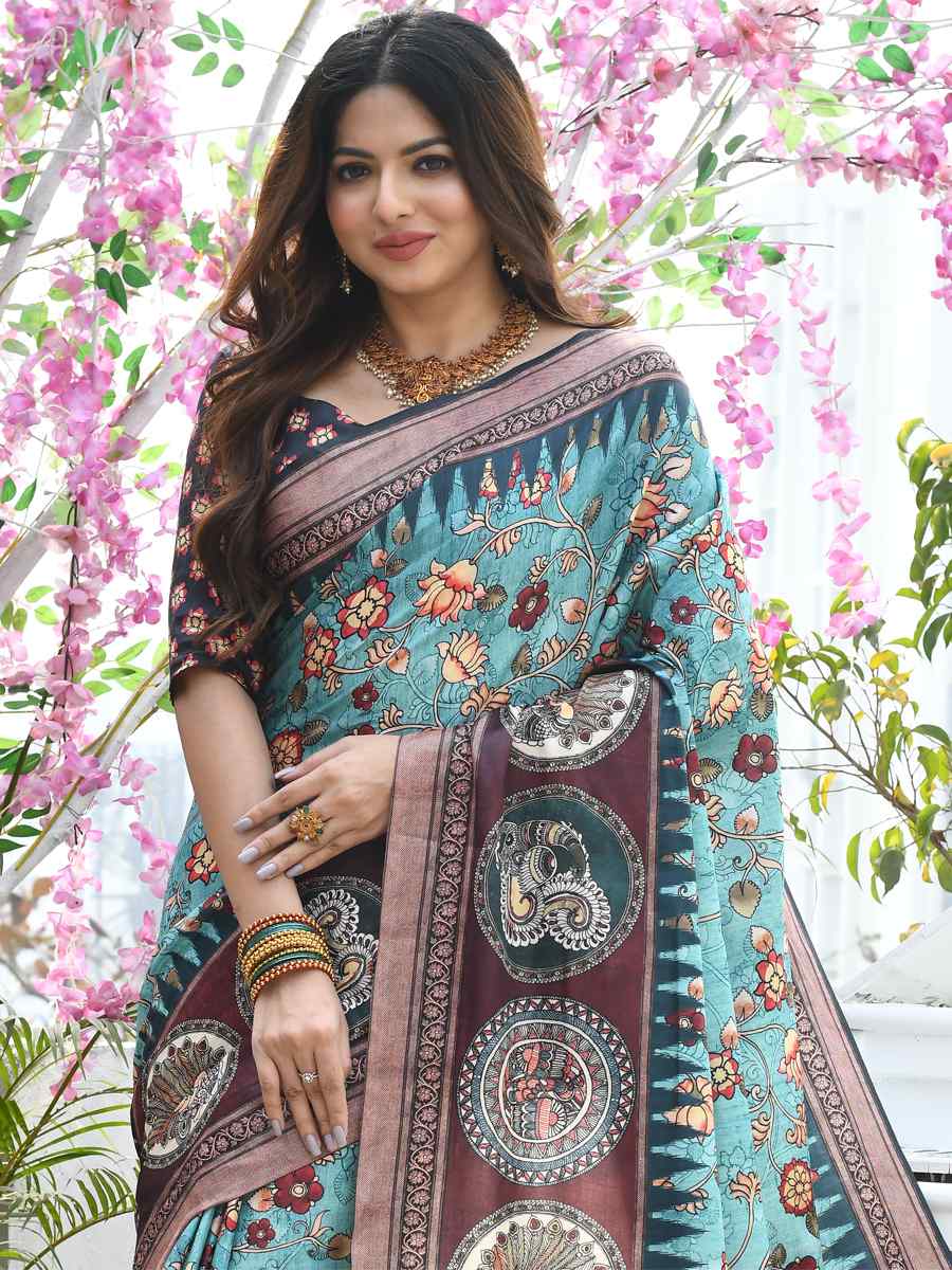 Blue Cotton Silk Printed Casual Festival Contemporary Saree