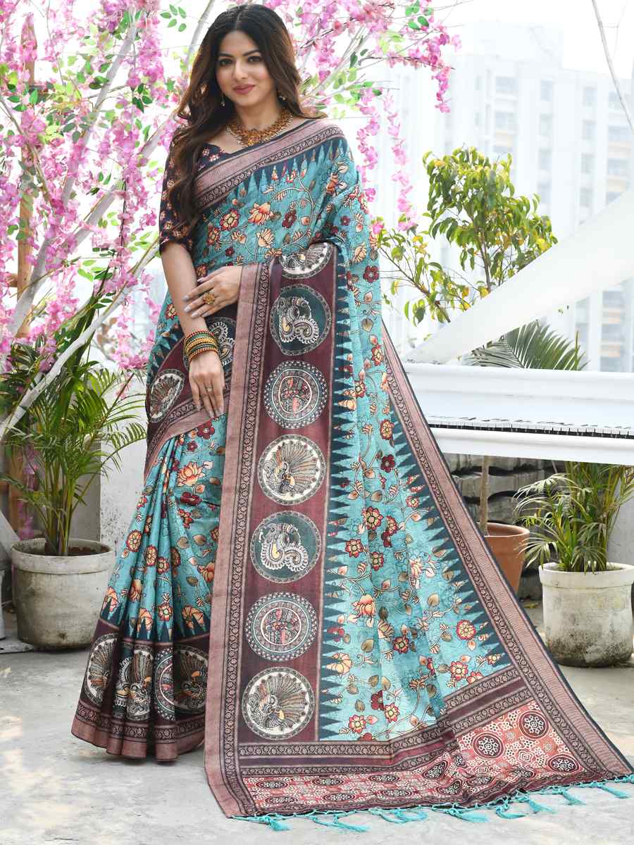 Blue Cotton Silk Printed Casual Festival Contemporary Saree