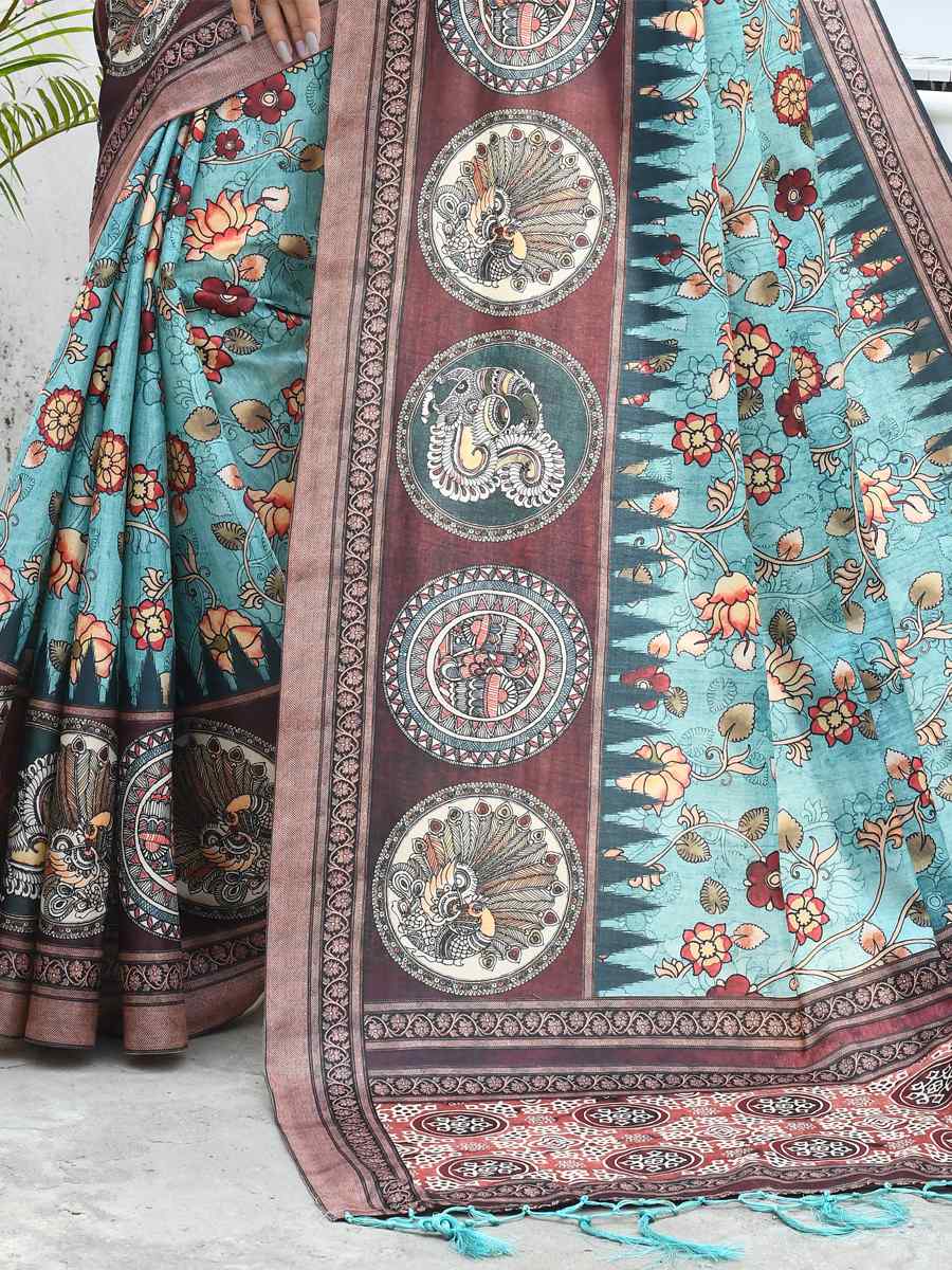 Blue Cotton Silk Printed Casual Festival Contemporary Saree