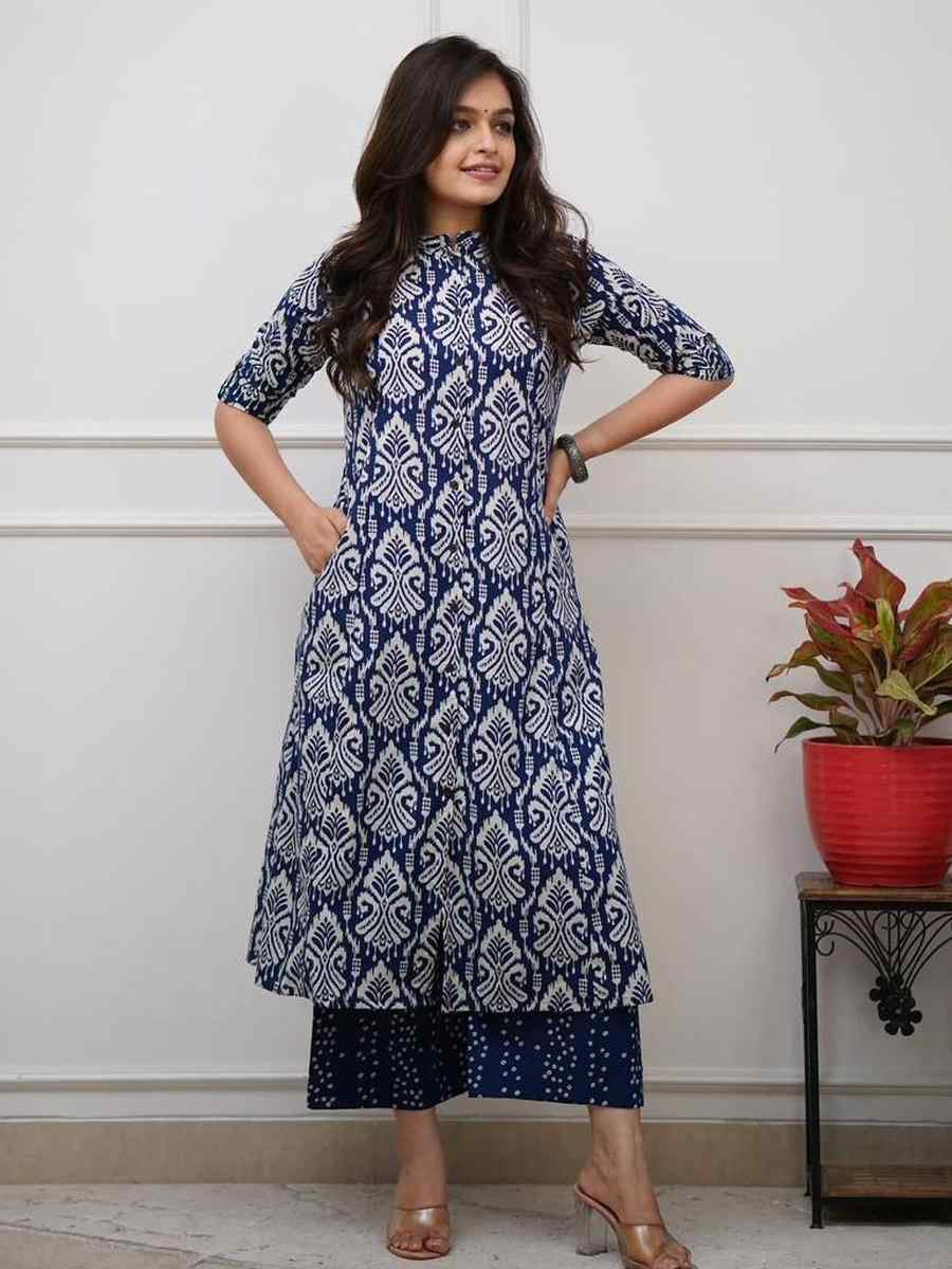 Blue Cotton Slub Printed Festival Casual Kurti Bottom Women Wear