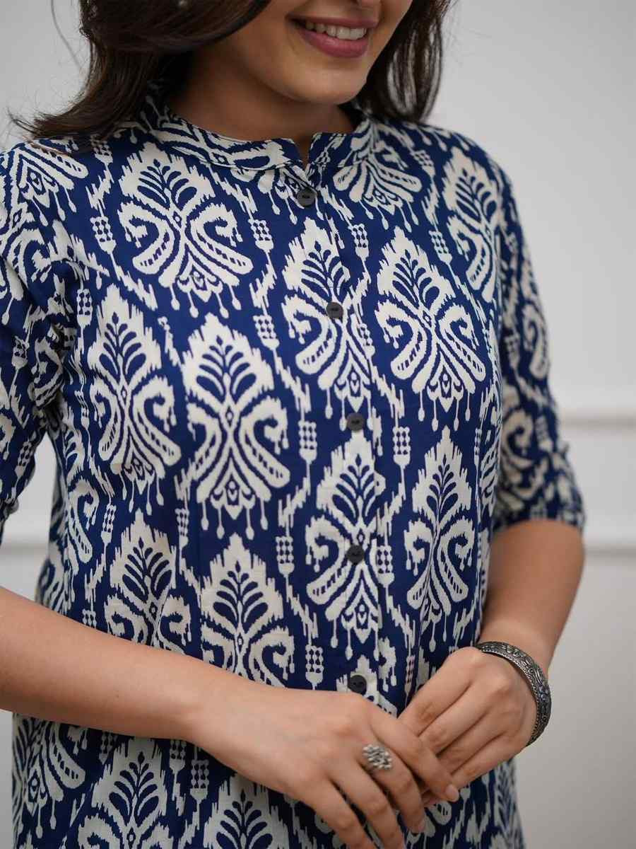 Blue Cotton Slub Printed Festival Casual Kurti Bottom Women Wear