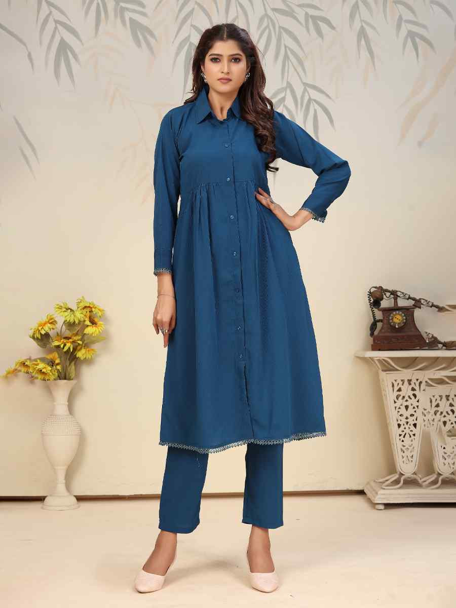 Blue Cotton Solid Festival Casual Kurti