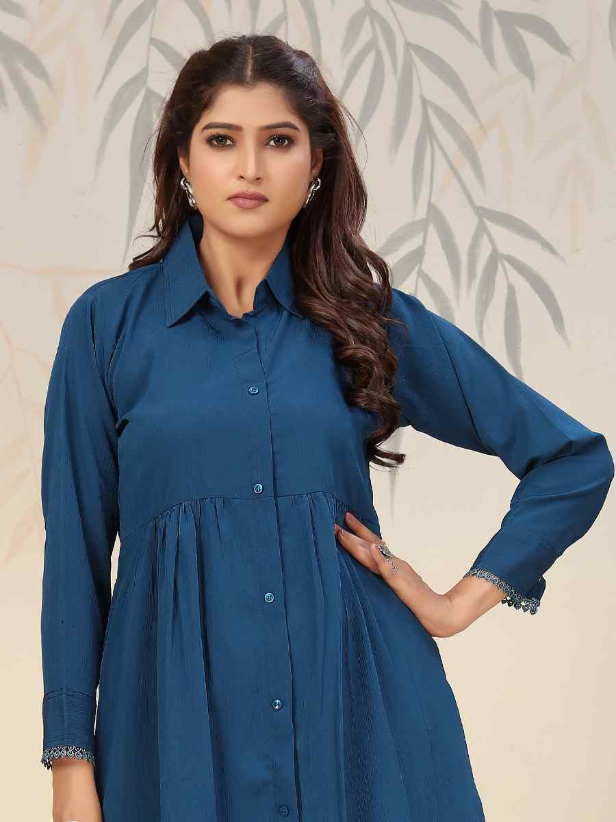 Blue Cotton Solid Festival Casual Kurti