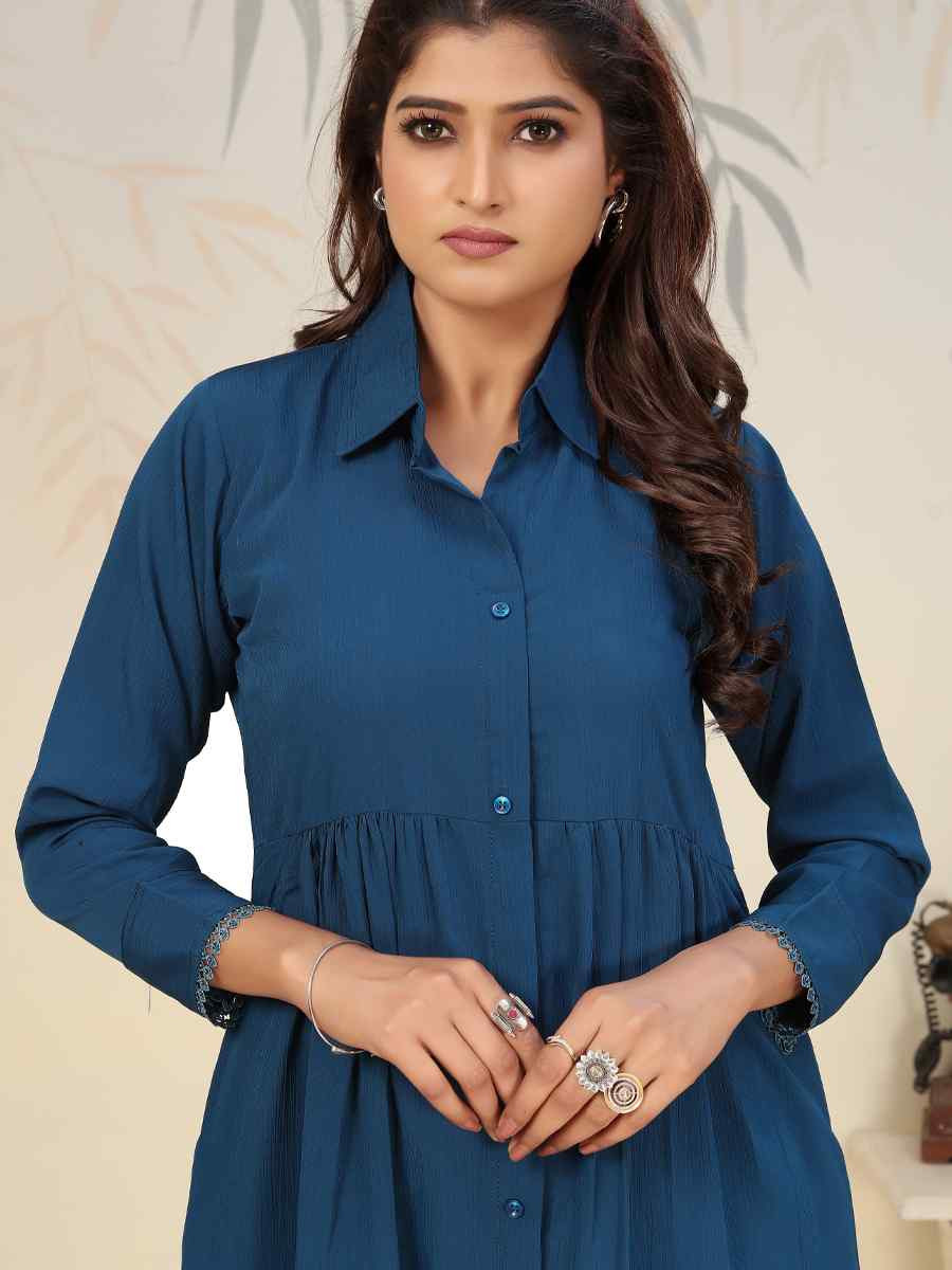 Blue Cotton Solid Festival Casual Kurti