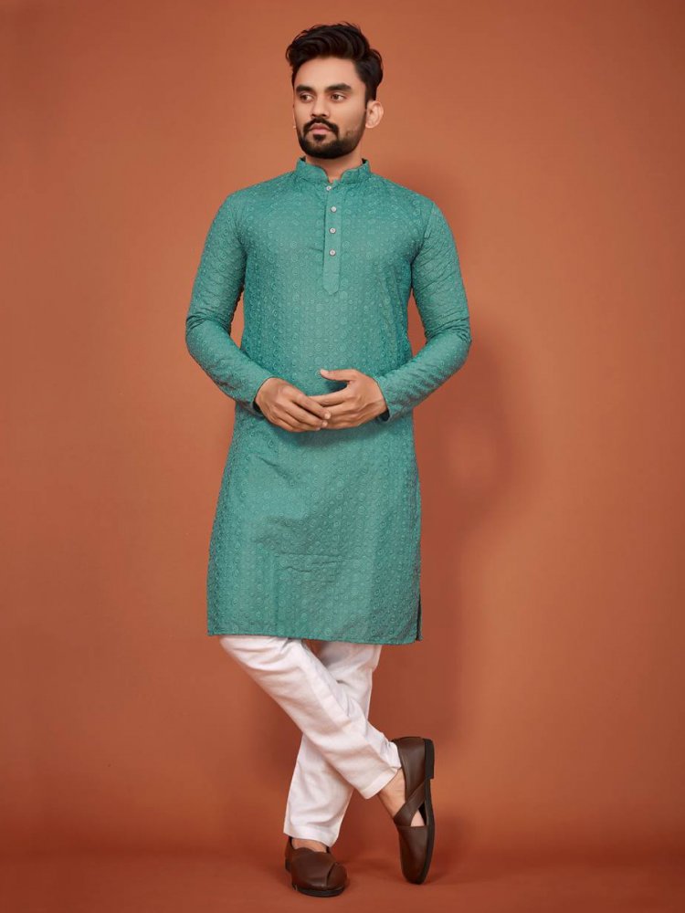 Blue Cotton Woven Festival Mehendi Kurta