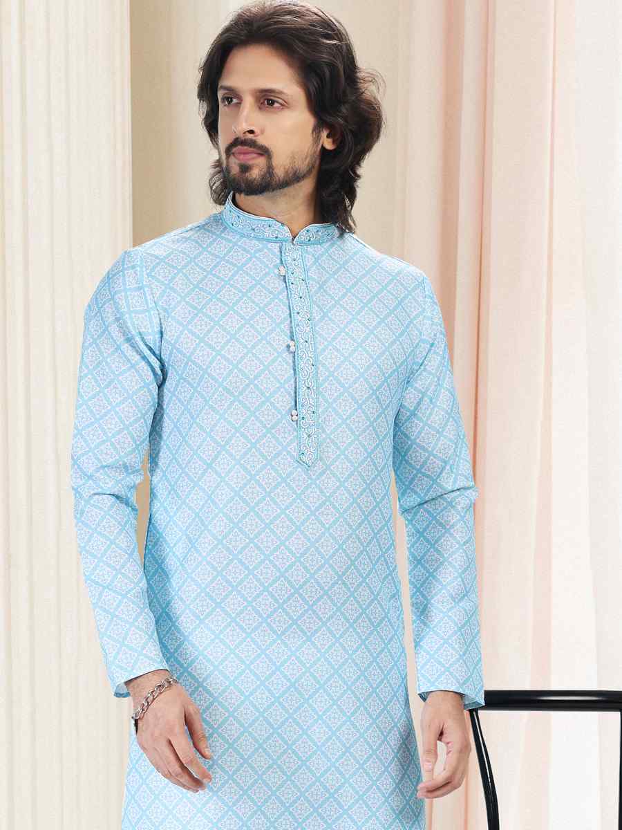 Blue Cotton Woven Festival Party Kurta