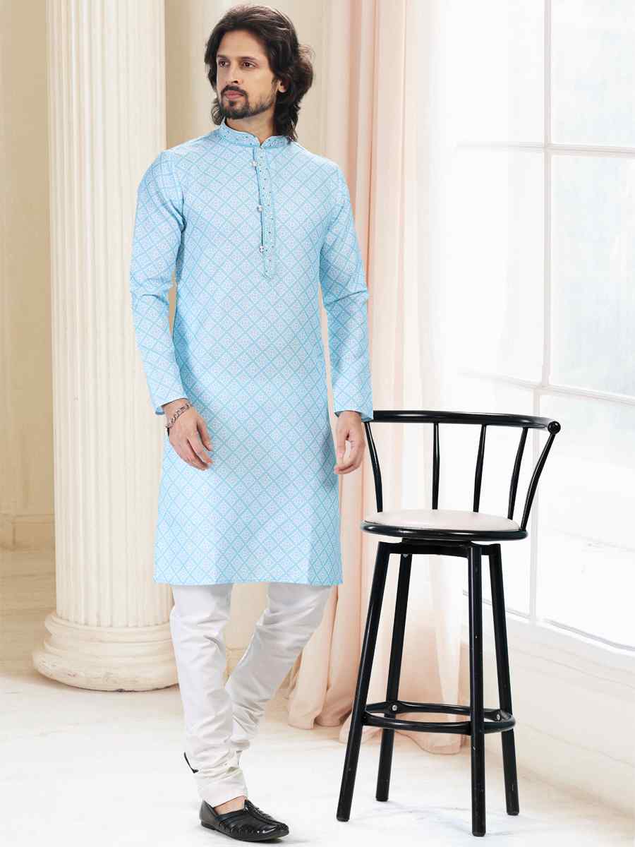 Blue Cotton Woven Festival Party Kurta