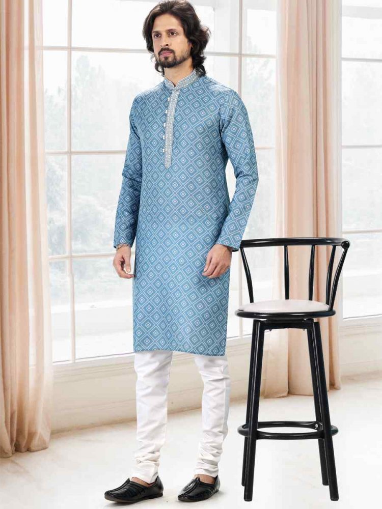 Blue Cotton Woven Festival Party Kurta